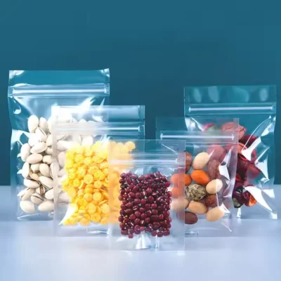 Custom Printed Clear Stand-Up Pouches - Food-Grade Transparent Plastic Packaging Bags with Resealable Zipper & Bottom Gusset