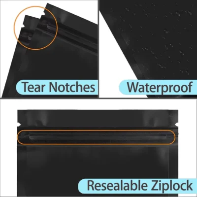 3.5g Matte Black Mylar Bags - Smell Proof Aluminum Foil Pouches, Double-Sided Flat Resealable & Heat-Sealable Bags
